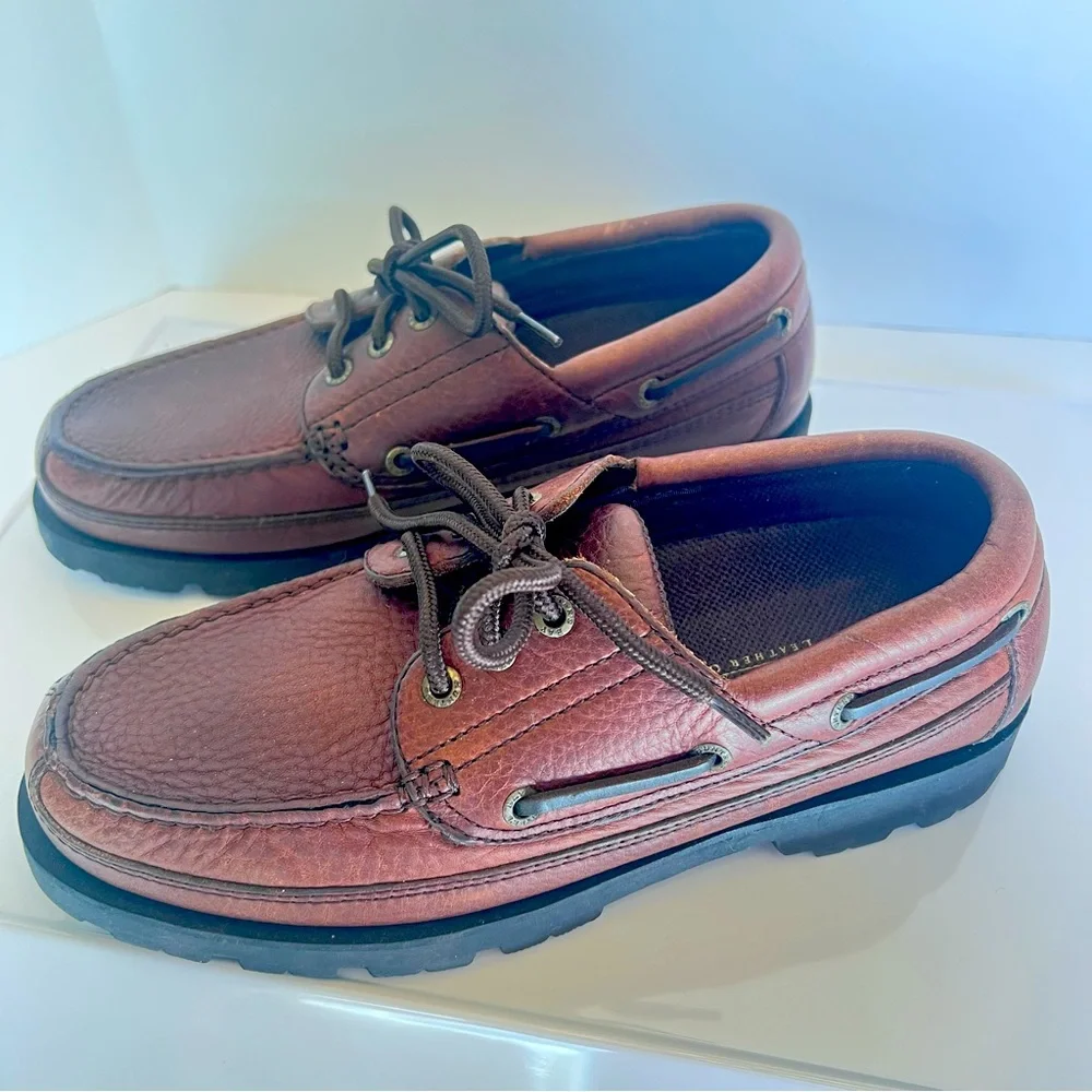 Stylish Brown Leather Boat Shoes by Hunter’s Bay Leather Collection. Size 8.5.